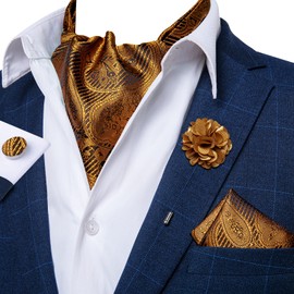 DiBanGu Cravat Tie for Men Golden Silk Paisley Ascot Tie and Lapel Pin Pocket Square Cufflinks Set