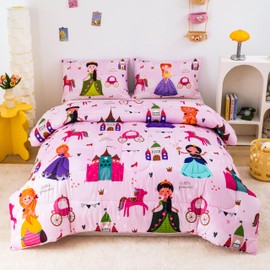 CKOU CCOO Princess Comforter Sets Twin Size for Girls Kids Teens,Pink Princess Bedding Set All Seasons, 3 Pieces with 1 Comforter and 2 Pillowcases