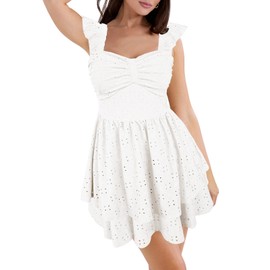WISFRUIT Women's Summer Casual Mini Dress Elegant Square Neck Backless Layered Ruffle A Line Beach Party Short Dress White Medium