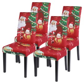 SearchI 4/6 Pieces Christmas Chair Covers Stretch Christmas Chair Cover Universal Festive Chair Cover Modern Xmas Chair Cover Dining Room Parties Banquet Protector (Father Christmas, 4 Pieces)