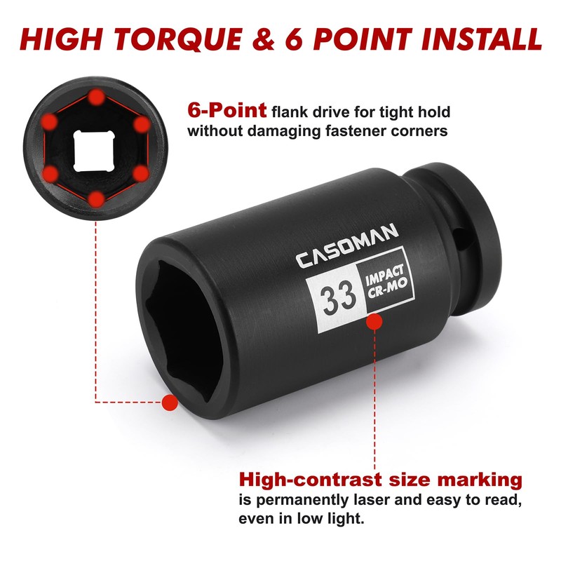 CASOMAN 3/4" Drive Deep Impact Socket Set, 13Piece Jumbo Socket