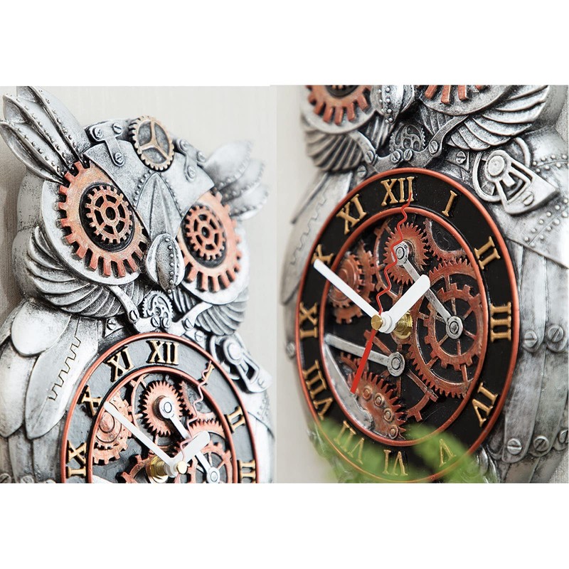 RGWYGCG Steampunk Wall Clock, Owl Decor - Handmade Resin Antique