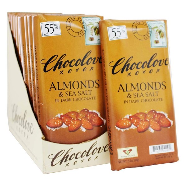 Chocolove 55 Percent Cocoa Almond and Sea Salt Dark Chocolate Bar, 3.2 Ounce -- 12 per case.
