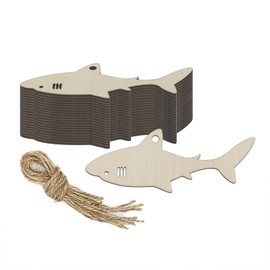 20pcs Shark Shape Unfinished Wood Cutouts DIY Crafts Blank Hanging Tags Ornaments with Ropes for Summer Ocean Sea Theme Party Decoration, 3.94x1.5 in