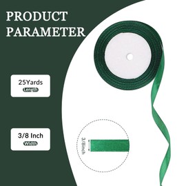 25 Yard Wired Satin Ribbon Roll, 3/8 Inch Fabric Ribbon for Craft Bows Rose Bouquet, Holiday Gift Wrapping, Party Decoration (Dark Green)