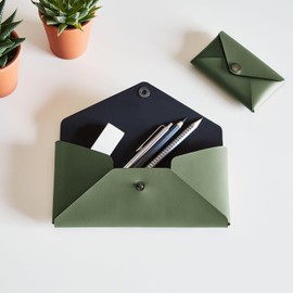 eglooh - Helios - Set of Business Card Cases + Leather Pencil Case - Credit Card Cases - Closure with Burnished Buttons - Made in Italy, Green, Business Card Case