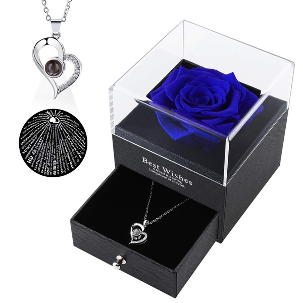 LOVCAS Womans Gifts Preserved Blue Real Rose with I Love You Necklace in 100 Languages, Love Gifts for Mom Wife Girlfriend Her on Mother Day Valentines Anniversary Wedding Gifts