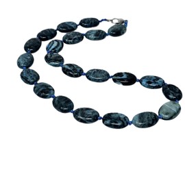 VN Jewelry Women's Gemstone Beaded Necklace - Stunning Oval Shape Natural Gemstone Crystal Healing Beaded Necklace for Women (Blue Crazy Agate)