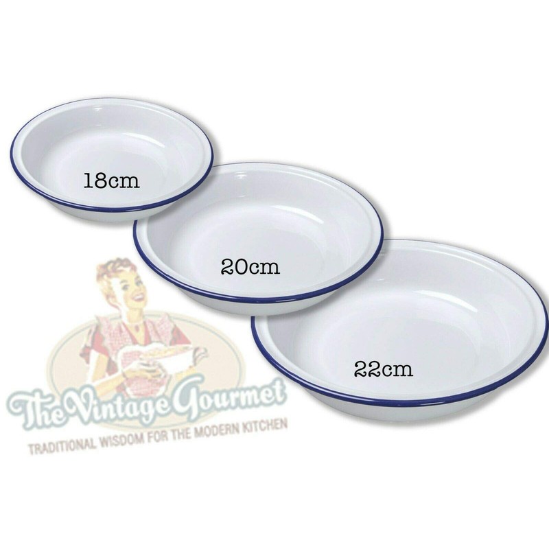Vintage Gourmet ® Premium White Enamelware with Blue Rim, Oblong,