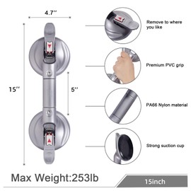 HEINSY 15inch Suction Shower Grab Bar, Portable Shower Handle Bar Suction Grip Bar Bathtub Handle with Strong Suction Cup Fitting and Rapid Release for Bathroom(Max Capacity :300lb