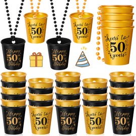 Sureio 36 Pcs 50th Birthday Shot Glass Necklace Cups Bulk Durable Plastic Gold and Black Shot Glasses on Beaded Chain for Adult Birthday Party Favors Anniversary Supplies