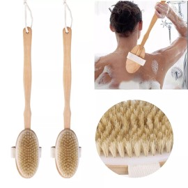 2 Back Body Shower Bath Brush Soft Natural Bristles Wood Long Handle Removable.