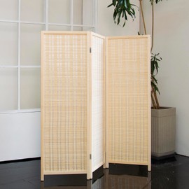 Loomveil 3 Panel Short Room Divider Folding Screen,47 inch Bamboo Panel Divider for Home Partition,Beige
