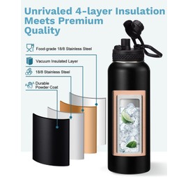 32oz Water Bottle with Straw - Spout Lid, Sweat-Proof Insulated Water Bottles 32 OZ, Wide Mouth Vacuum Insulated Water Bottle with Strap Carrier, Protective Boot & Paracord Handle Reusable Metal Flask