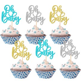 24 piezas de adornos para cupcakes de Oh Baby Shower con purpurina, para baby shower, diseño de género, baby shower, niños, fiestas, cumpleaños, decoración de pasteles, color azul, dorado, plateado