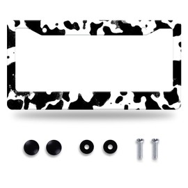 Black White Cows Texture License Plate Frame Animal Cowhide Print License Plate Stainless Steel Funny License Plate Holder Accessories Car Decoration with Screws Fits Standard Vehicles Size12.3 x6.3