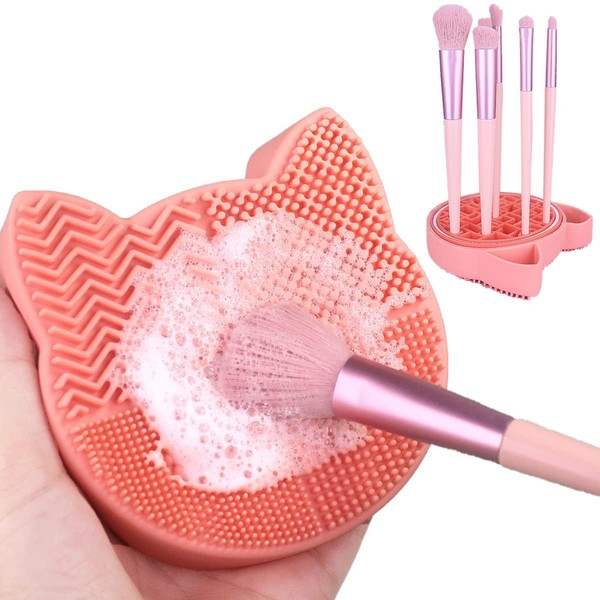 2 in 1 Design Makeup Brush Cleaning Mat with Brush Drying Holder, Silicon Cat Shaped Brush Cleaner Pad & Cosmetic Brush Organizer Rack, Portable Washing Tool for Makeup (Orange)