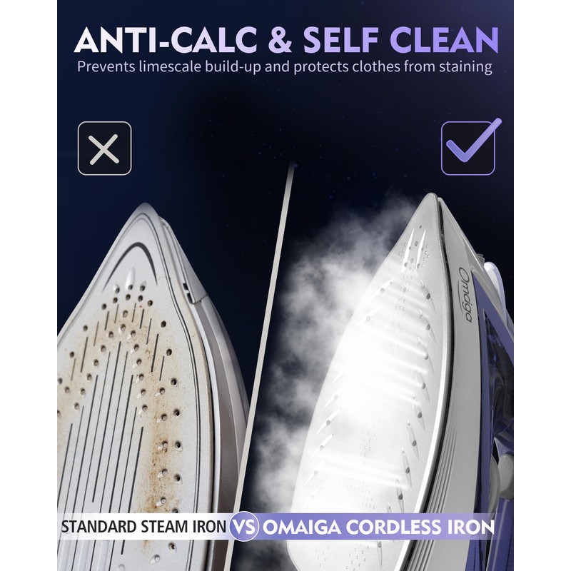 OMAIGA Cordless Iron for Clothes, 1550W 2-In-1 Cordless/Corded Steam Iron