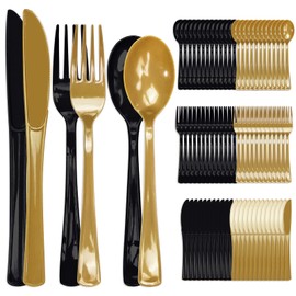 150 pcs Black and Gold Plastic Cutlery Set Disposable Heavy Duty Plastic Knives Forks and Spoons Silverware Utensils Set for 50 Guests Retirement Party Graduation Disposable Flatware Sets