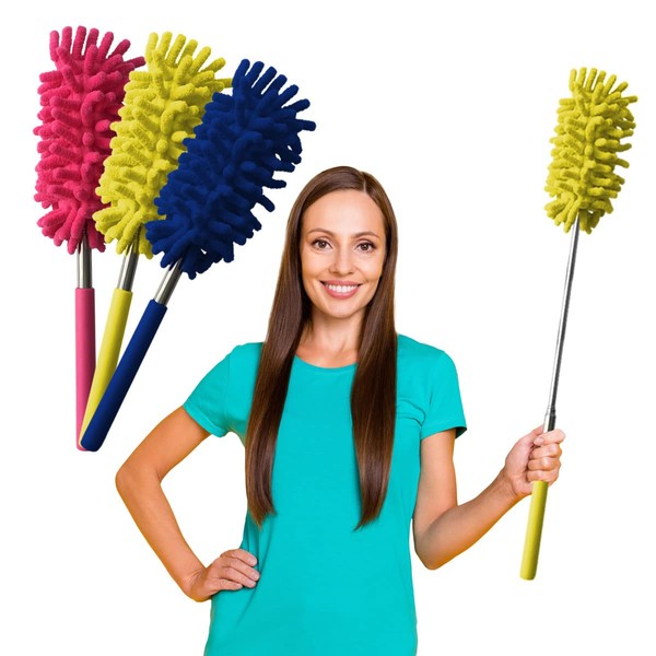3pk Microfibre Extendable Feather Duster Brush | Feather Dusters for Cleaning Extendable Duster up to 76cm with 360 Rotating Microfiber Telescopic Duster Cobweb Brush Extendable | Long Handled Duster