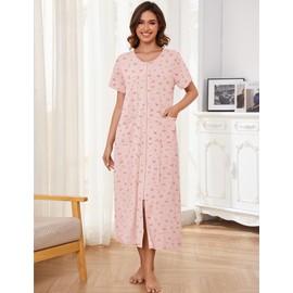 Bloggerlove Womens Zip Front Robe Short Sleeve 100% Cotton Nightgown Long Lightweight Bathrobe with Pockets (Pink Floral/PureCotton Medium)