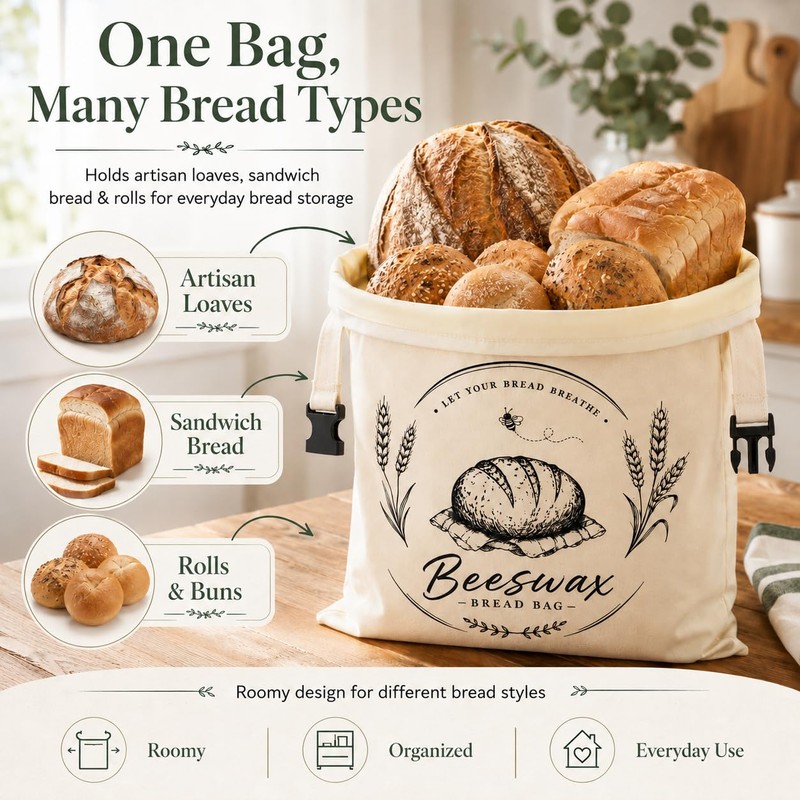 2 Pack Beeswax Bread Bags with Removable Liners