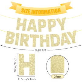 PreJoyStar Pre-Strung Happy Birthday Banner Gold Glitter Birthday Decorations for Women Men Kids, No DIY Garland Banner Birthday Sign Decor Party Hanging Supplies