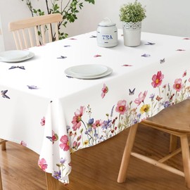 DISENB Spring Floral Tablecloth 60 x 120 Inch, Butterfly Wildflowers Table Cloth, Stain and Wrinkle Resistant Washable Rectangle Table Cover for Holiday Party Picnic Dinner Decor