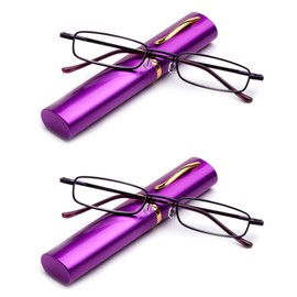 2 Packs Pocket Readers Ultra Slim Compact Tube Reading Glasses in Purple +1.25