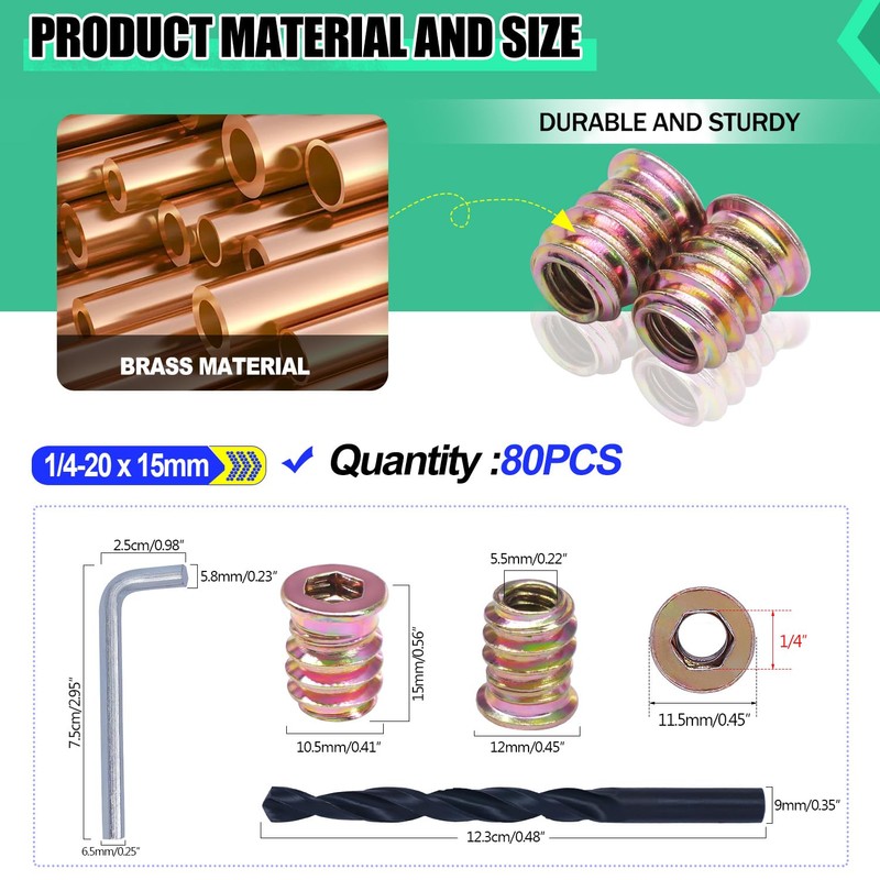 Twidec/80PCS 1/4"-20 Threaded Inserts for Wood Furniture Screw-in Nut Wood