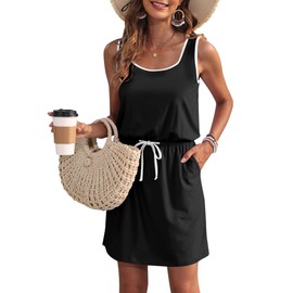 WNEEDU Summer Dress Women's Sleeveless Beach Dress Women's Scoop Neck Drawstring Dress Airy Dress Women's Summer with Pockets, black white
