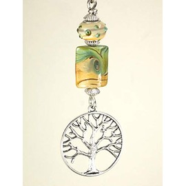 Trace Ellements Tree of Life Nature Branches Full Circle Silver Metal Ring with Artisan Moss Green and Caramel Tan Lamp work Glass Ceiling Fan Pull Chain