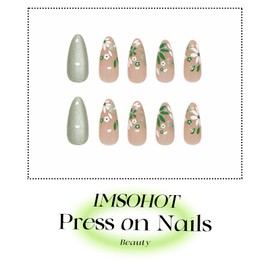 IMSOHOT Press on Nails Medium Almond Fake Nails with White Flower Designs Glossy Green Cat's Eye False Nails Summer Spring Floral Glue on Nails Full Cover Acrylic Stick on Nails for Women