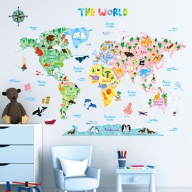 DECOWALL SG2-1615S Animal World Map Wall Sticker Decor Kindergarten Nursery Kids Room DIY Wall Decal Sticker Wall Art Stickers Boys Girls Teens Kids Bathroom Decor Vinyl Bedroom Teen Kids Wallpaper