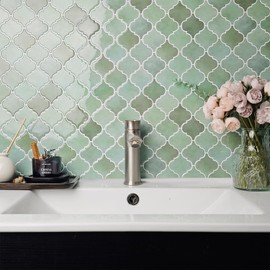 Arabesque Peel and Stick Backsplash for Kitchen, Thicker Design 3D Self Adhesive Wall Tiles, 12"x12" Peel and Stick Wall Tiles, Mix Green 10-Sheet Stick on Tile for Kitchen and Bathroom.