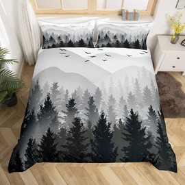 Kids Nature Bedding Set Black and White Tree Mountain Duvet Cover Full Size for Women Men Bedroom Natural Woodland Decor Comforter Cover Set Wild Style Bedspread Cover with 2 Pillow Case