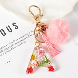 MWOOT Alphabet Initial Letter Keychain, Pink Name Keyring with Tassel Butterfly Pendant Pom Pom for Women, Cute Resin Daisy Petals Gold Foil Keyring Charm for Door Car Key Handbag Decor(A)