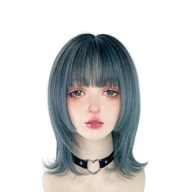 TTYAO REII Wig, Full Wig, Bob, Straight, Curly Hair, Wolf Cut, Snap, Natural Harajuku Women's Clothing, Small Face, Popular, Heat Resistant Wig, Net (Green)