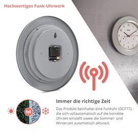 Mebus Radio-Controlled Wall Clock with Thermometer and Hygrometer/Silver Frame/White Dial/24 cm Diameter/Round/Model: 19454/Colour: Silver, White