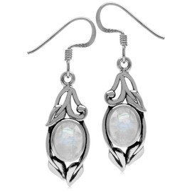 Silvershake 8X6mm Natural Oval Shape Moonstone 925 Sterling Silver Leaf Vintage Inspired Hook Earrings