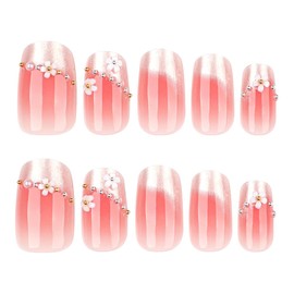 Square Press on Nails Short Fake Nails French Tip False Nails with 3D Flower Designs Pink Sparkly Cute Glue on Nails for Women 24pcs 1
