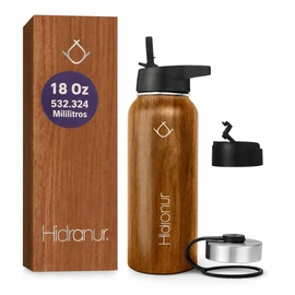Termo de Acero Inoxidable Doble Aislamiento Trmico, Termo Para Caf, 3 Tapas Hermticas, 2 Popotes, 24 Hrs de Agua Caliente y Fra (Madera, 18 Oz...     