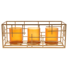 Karma, Modern Candle Holder Centerpiece with Gold Wire Rectangular Frame and Gold Bases for 3 Pillar or Tealight Candles - Amber
