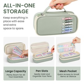 39 PCS Aesthetic School Supplies with Cute Pencil Case – 12 Pastel Highlighters, 6 Black Ink Gel Pens, 4 Mechanical Pencils and 5 Pack #2 Pencils, Ideal Back to School Student Stationery Set - Green