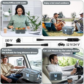 IXIIE Electric Lunch Box 80W for Adults, 1.8L Lunch Warmer with 2 Compartments for Truck/Car/Work, Fast Portable Heated Lunch Box Food Warmer Heater 12/24/110V, Removable Stainless Steel Container