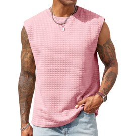 Runcati Men's Workout Tank Tops Waffle Casual Sleeveless T Shirts Gym Cut Off Beach Summer Tee Pink