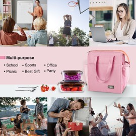 Fmeida Lunch Bag Women - Leakproof Insulated Lunch Tote Bag Reusable Lunch Bags Large Aesthetic Lunch Bag Multipocket Cooler Lunch Bag Lunch Box for Work Hiking Beach Picnic - Pink