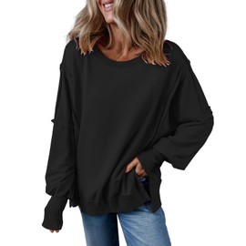 KINLONSAIR Womens Oversized Crew Neck Long Sleeve Sweatshirt Casual Loose Reverse Seam Side Slit Fall Pullover Top Black