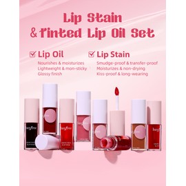 bayfree Tinted Lip Oil & Lip Stain Set, Korean Makeup, Smudge-Proof,Long-Wearing, 2-in-1 Cheek and Lip Tint with Moisturizing, High-Shine, Lightweight & Non-Sticky for Dry Lips, Cruelty-Free & Vegan