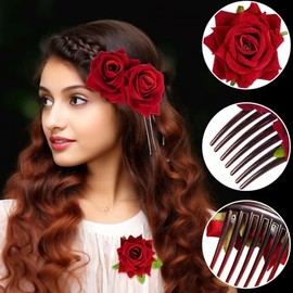 4 Pinzas Para el Cabello con Rosas,Accesorios Florales Mexicanos, Broche de Rosa,Diadema,Pinza para el Cabello de Novia,Peine,Ideal para Fiestas,Bodas y Bailarinas de Flamenco